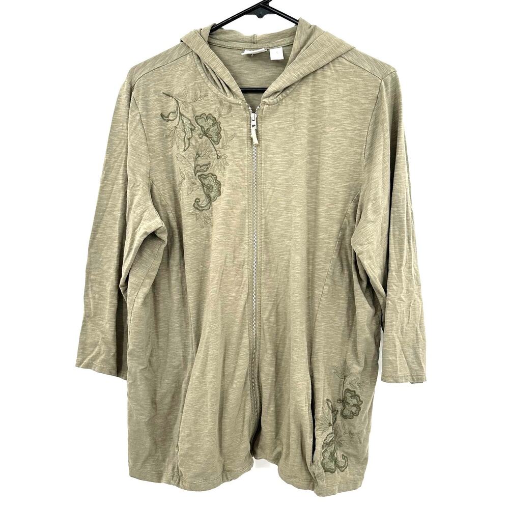 Chicos Size 3 XL Jacket Green Hooded Full Zip Hoodie Embroidery Neutral Casual